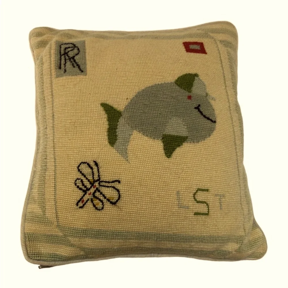 Vintage Antique Needlepoint butter yellow blue velvet WHALE baseball pil…